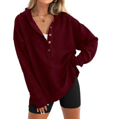 🎁Women’s Oversized V-Neck Hoodie – Relaxed Button Pullover with Side Slits