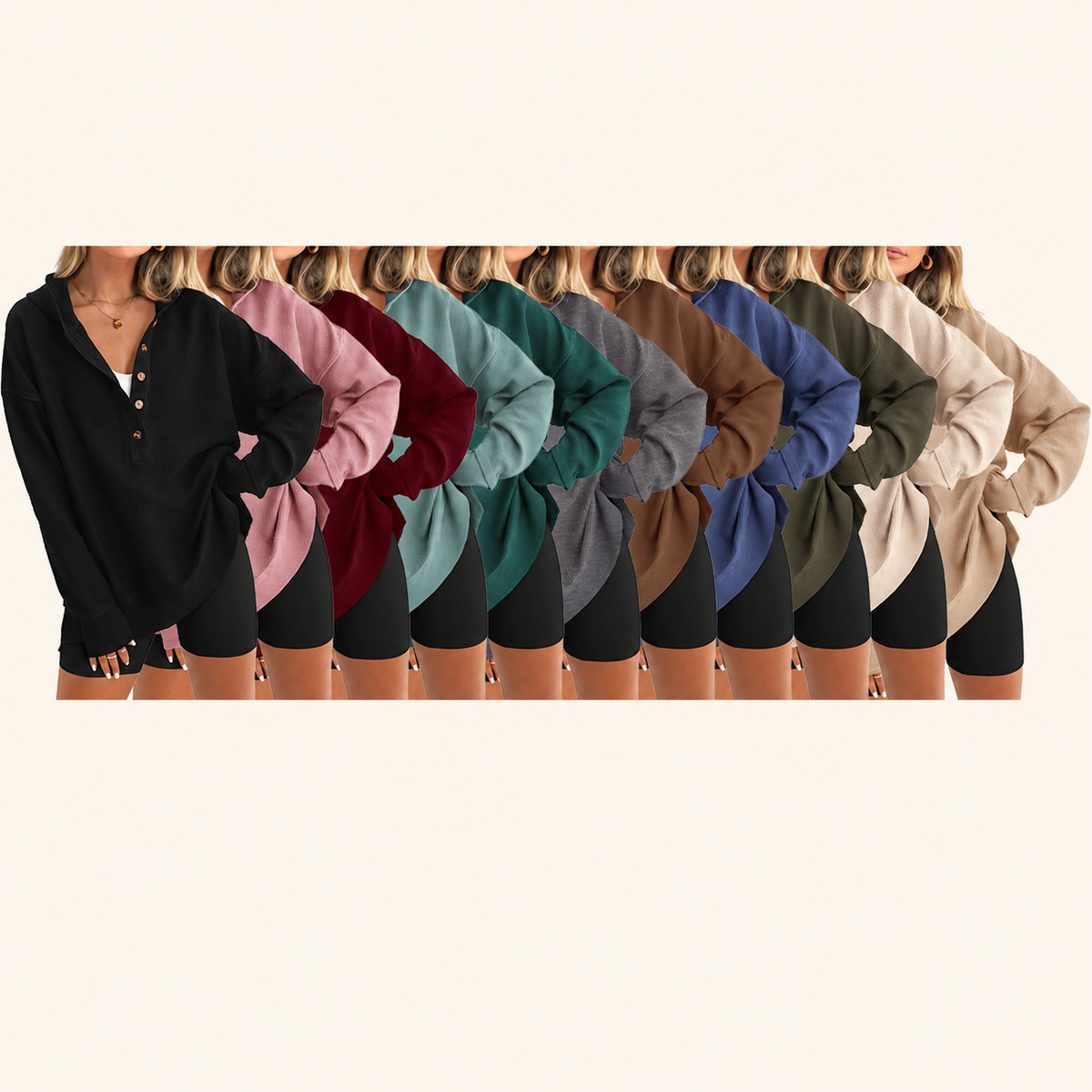 🎁Women’s Oversized V-Neck Hoodie – Relaxed Button Pullover with Side Slits