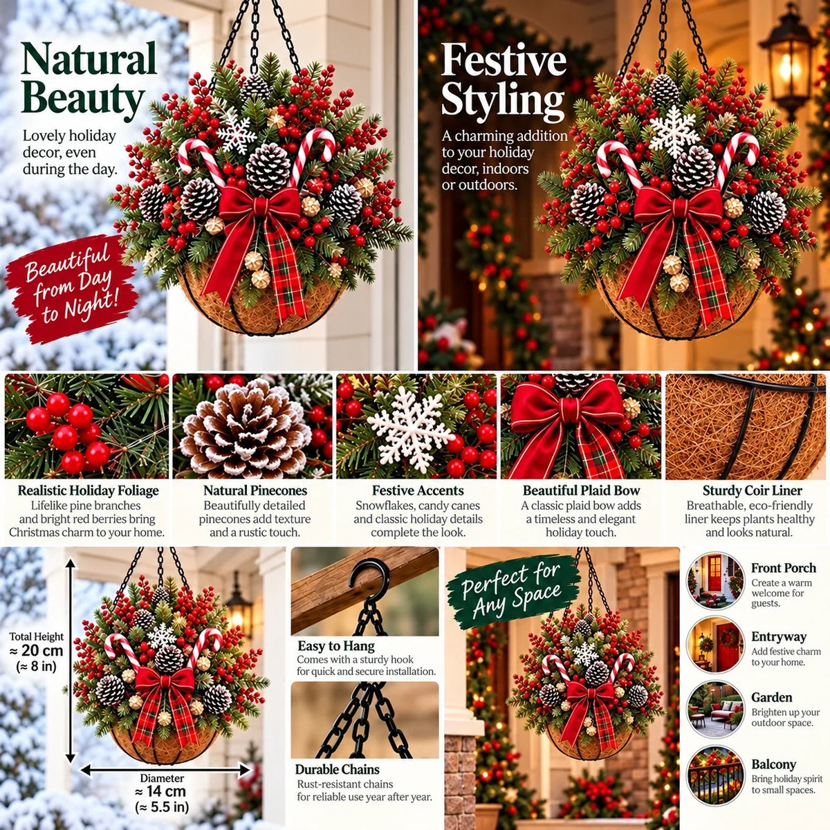 🎄 Last Day 50% OFF 🏆 Pre-Lit Christmas Hanging Basket | Pre-lit, weather-resistant, and zero maintenance