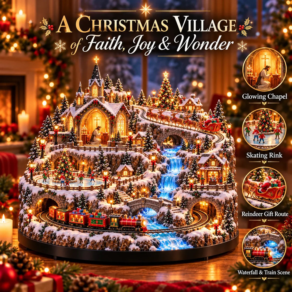 🔥 LAST DAY 49% OFF 🔥 Lighted Animated Christmas Village with Train, Reindeer Sleigh & Waterfall ✨