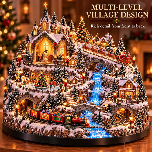 🔥 LAST DAY 49% OFF 🔥 Lighted Animated Christmas Village with Train, Reindeer Sleigh & Waterfall ✨