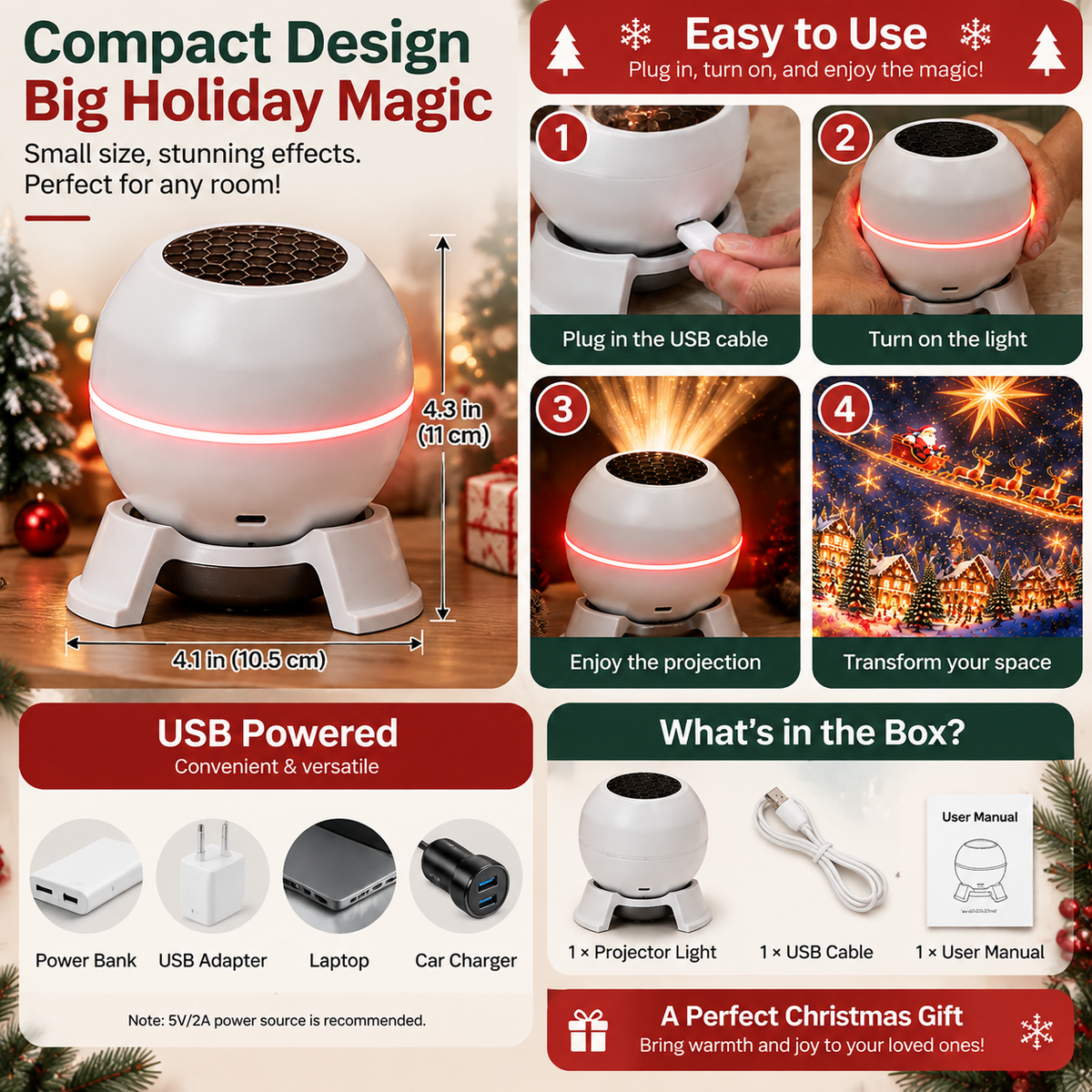 🎄 Magical Christmas Projection Night Light – Transform Any Room Into A Holiday Wonderland